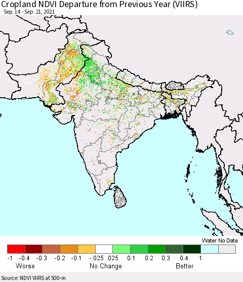 Southern Asia Cropland NDVI Departure from Previous Year (VIIRS) Thematic Map For 9/14/2021 - 9/21/2021