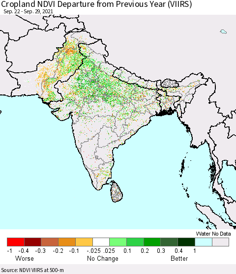 Southern Asia Cropland NDVI Departure from Previous Year (VIIRS) Thematic Map For 9/22/2021 - 9/29/2021