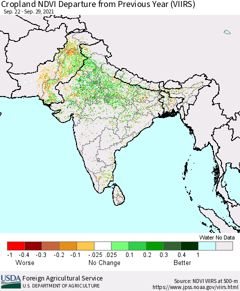 Southern Asia Cropland NDVI Departure from Previous Year (VIIRS) Thematic Map For 9/21/2021 - 9/30/2021