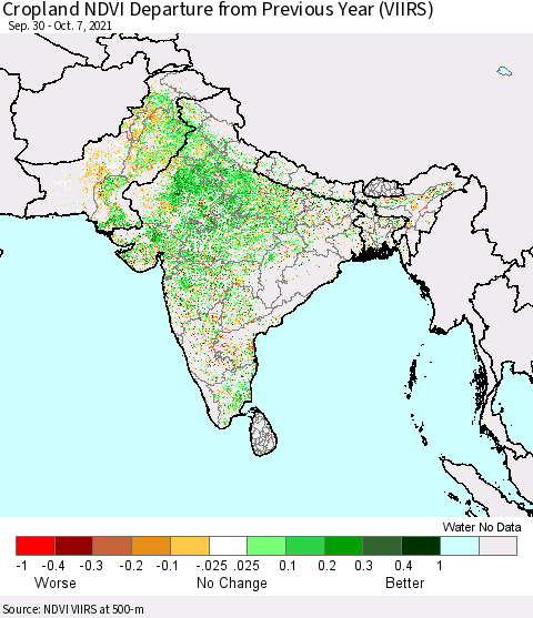 Southern Asia Cropland NDVI Departure from Previous Year (VIIRS) Thematic Map For 9/30/2021 - 10/7/2021