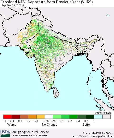 Southern Asia Cropland NDVI Departure from Previous Year (VIIRS) Thematic Map For 10/1/2021 - 10/10/2021