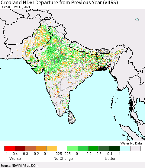 Southern Asia Cropland NDVI Departure from Previous Year (VIIRS) Thematic Map For 10/8/2021 - 10/15/2021