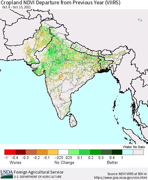 Southern Asia Cropland NDVI Departure from Previous Year (VIIRS) Thematic Map For 10/11/2021 - 10/20/2021