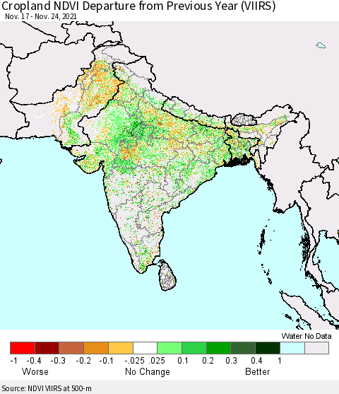 Southern Asia Cropland NDVI Departure from Previous Year (VIIRS) Thematic Map For 11/17/2021 - 11/24/2021