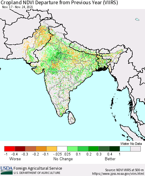 Southern Asia Cropland NDVI Departure from Previous Year (VIIRS) Thematic Map For 11/21/2021 - 11/30/2021
