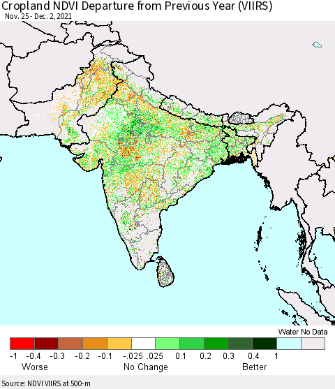 Southern Asia Cropland NDVI Departure from Previous Year (VIIRS) Thematic Map For 11/25/2021 - 12/2/2021