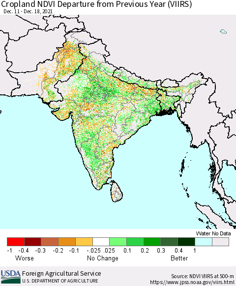 Southern Asia Cropland NDVI Departure from Previous Year (VIIRS) Thematic Map For 12/11/2021 - 12/20/2021