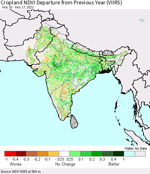 Southern Asia Cropland NDVI Departure from Previous Year (VIIRS) Thematic Map For 2/10/2022 - 2/17/2022