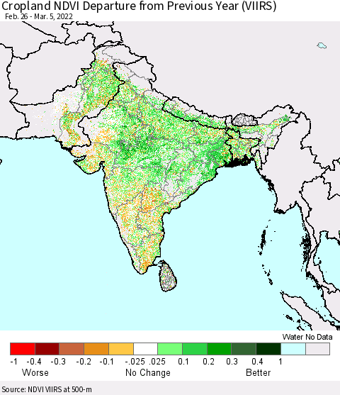 Southern Asia Cropland NDVI Departure from Previous Year (VIIRS) Thematic Map For 2/26/2022 - 3/5/2022