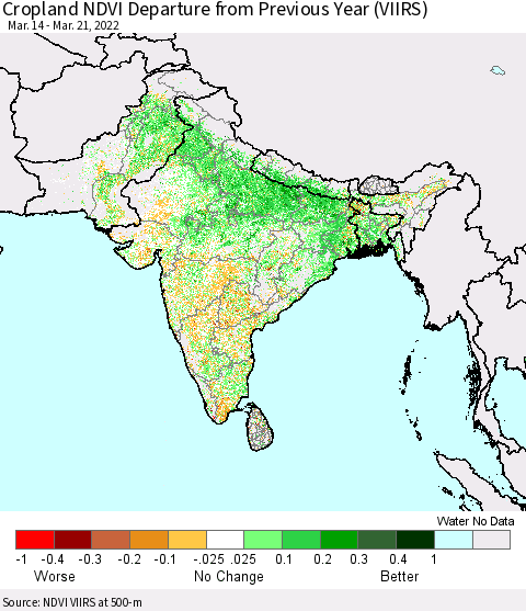 Southern Asia Cropland NDVI Departure from Previous Year (VIIRS) Thematic Map For 3/14/2022 - 3/21/2022
