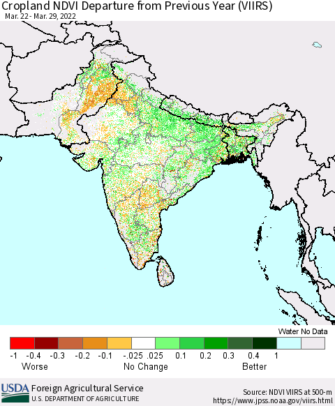 Southern Asia Cropland NDVI Departure from Previous Year (VIIRS) Thematic Map For 3/21/2022 - 3/31/2022