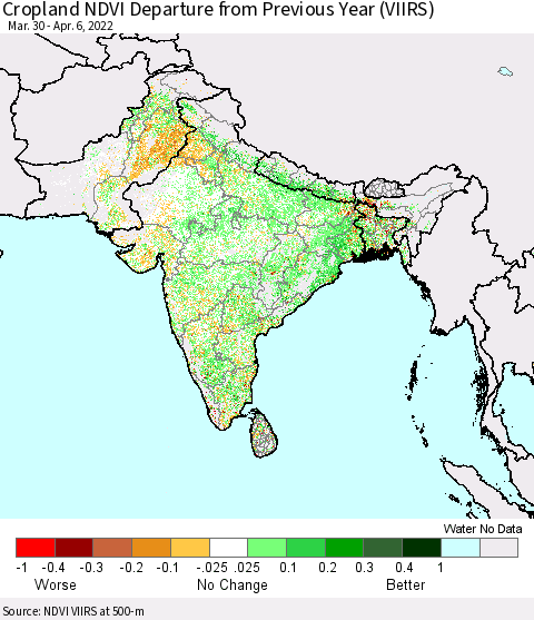 Southern Asia Cropland NDVI Departure from Previous Year (VIIRS) Thematic Map For 3/30/2022 - 4/6/2022