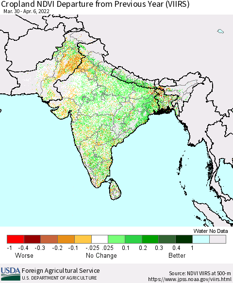 Southern Asia Cropland NDVI Departure from Previous Year (VIIRS) Thematic Map For 4/1/2022 - 4/10/2022