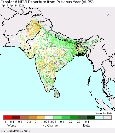 Southern Asia Cropland NDVI Departure from Previous Year (VIIRS) Thematic Map For 4/7/2022 - 4/14/2022