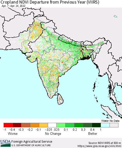 Southern Asia Cropland NDVI Departure from Previous Year (VIIRS) Thematic Map For 4/11/2022 - 4/20/2022