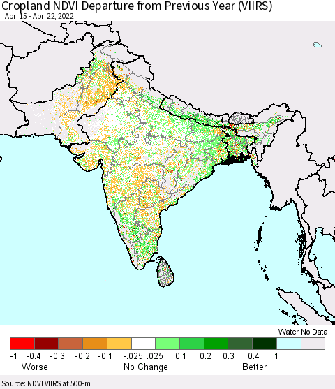 Southern Asia Cropland NDVI Departure from Previous Year (VIIRS) Thematic Map For 4/15/2022 - 4/22/2022