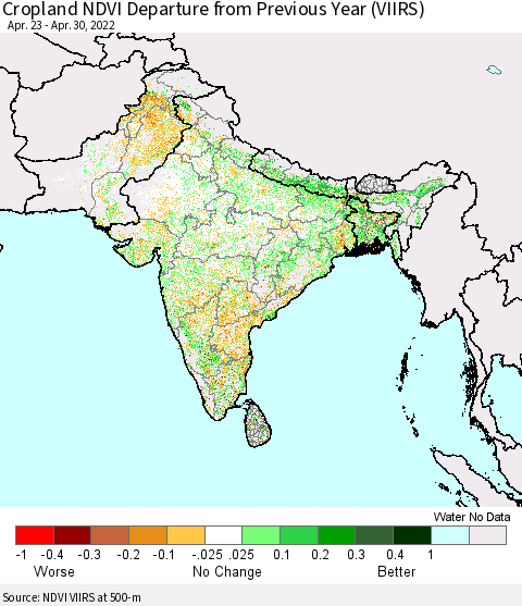 Southern Asia Cropland NDVI Departure from Previous Year (VIIRS) Thematic Map For 4/21/2022 - 4/30/2022