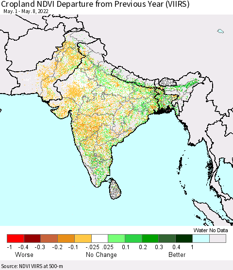 Southern Asia Cropland NDVI Departure from Previous Year (VIIRS) Thematic Map For 5/1/2022 - 5/8/2022