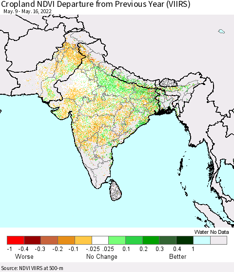 Southern Asia Cropland NDVI Departure from Previous Year (VIIRS) Thematic Map For 5/9/2022 - 5/16/2022