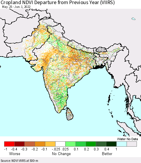 Southern Asia Cropland NDVI Departure from Previous Year (VIIRS) Thematic Map For 5/25/2022 - 6/1/2022