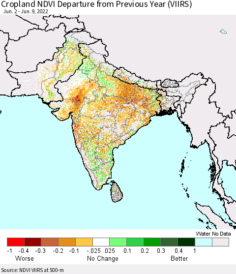 Southern Asia Cropland NDVI Departure from Previous Year (VIIRS) Thematic Map For 6/2/2022 - 6/9/2022