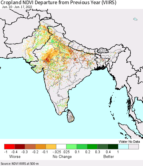 Southern Asia Cropland NDVI Departure from Previous Year (VIIRS) Thematic Map For 6/10/2022 - 6/17/2022