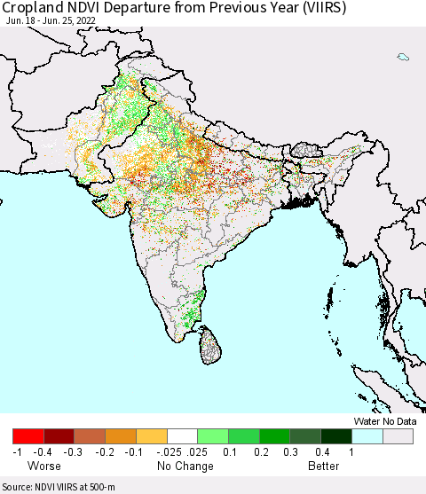 Southern Asia Cropland NDVI Departure from Previous Year (VIIRS) Thematic Map For 6/18/2022 - 6/25/2022