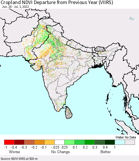Southern Asia Cropland NDVI Departure from Previous Year (VIIRS) Thematic Map For 6/26/2022 - 7/3/2022