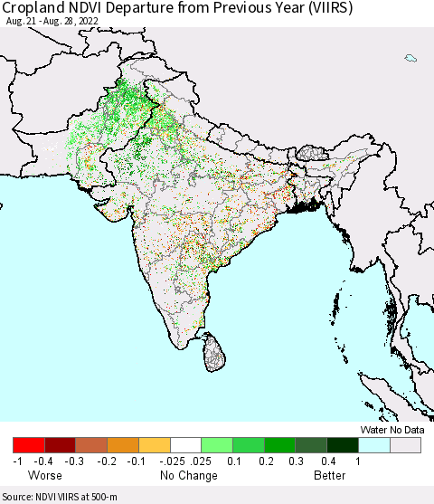 Southern Asia Cropland NDVI Departure from Previous Year (VIIRS) Thematic Map For 8/21/2022 - 8/28/2022