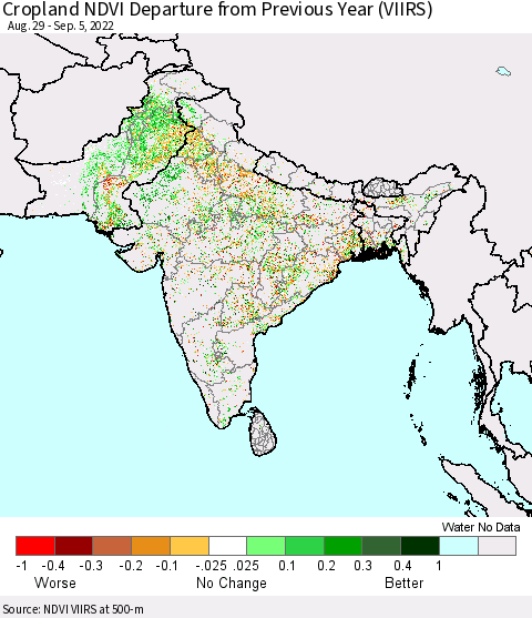 Southern Asia Cropland NDVI Departure from Previous Year (VIIRS) Thematic Map For 8/29/2022 - 9/5/2022