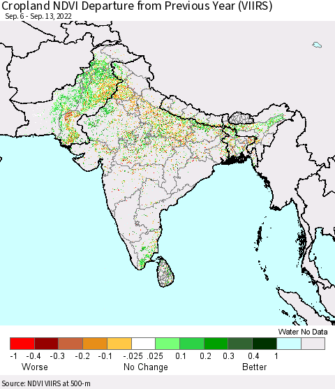 Southern Asia Cropland NDVI Departure from Previous Year (VIIRS) Thematic Map For 9/6/2022 - 9/13/2022