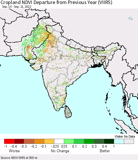 Southern Asia Cropland NDVI Departure from Previous Year (VIIRS) Thematic Map For 9/14/2022 - 9/21/2022