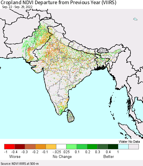 Southern Asia Cropland NDVI Departure from Previous Year (VIIRS) Thematic Map For 9/22/2022 - 9/29/2022