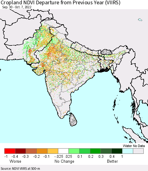 Southern Asia Cropland NDVI Departure from Previous Year (VIIRS) Thematic Map For 9/30/2022 - 10/7/2022