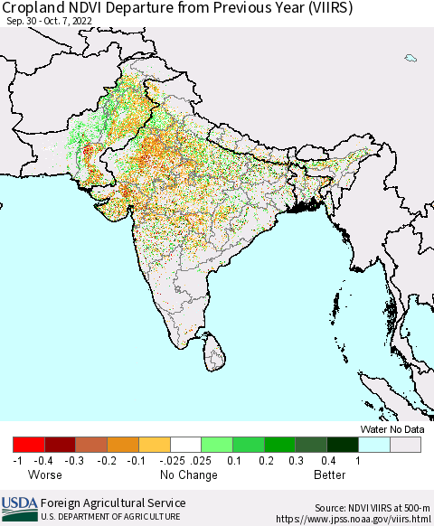 Southern Asia Cropland NDVI Departure from Previous Year (VIIRS) Thematic Map For 10/1/2022 - 10/10/2022