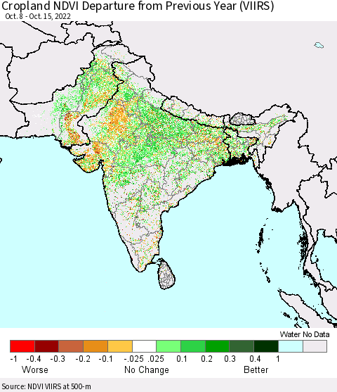Southern Asia Cropland NDVI Departure from Previous Year (VIIRS) Thematic Map For 10/8/2022 - 10/15/2022
