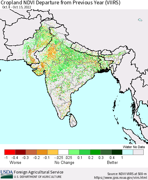 Southern Asia Cropland NDVI Departure from Previous Year (VIIRS) Thematic Map For 10/11/2022 - 10/20/2022