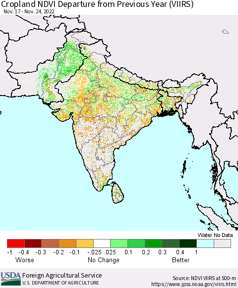 Southern Asia Cropland NDVI Departure from Previous Year (VIIRS) Thematic Map For 11/21/2022 - 11/30/2022