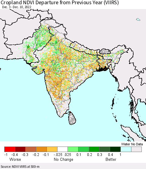 Southern Asia Cropland NDVI Departure from Previous Year (VIIRS) Thematic Map For 12/1/2022 - 12/10/2022