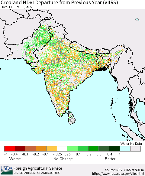 Southern Asia Cropland NDVI Departure from Previous Year (VIIRS) Thematic Map For 12/11/2022 - 12/20/2022
