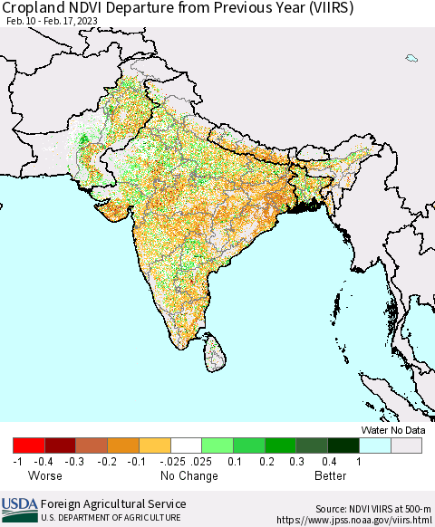 Southern Asia Cropland NDVI Departure from Previous Year (VIIRS) Thematic Map For 2/11/2023 - 2/20/2023