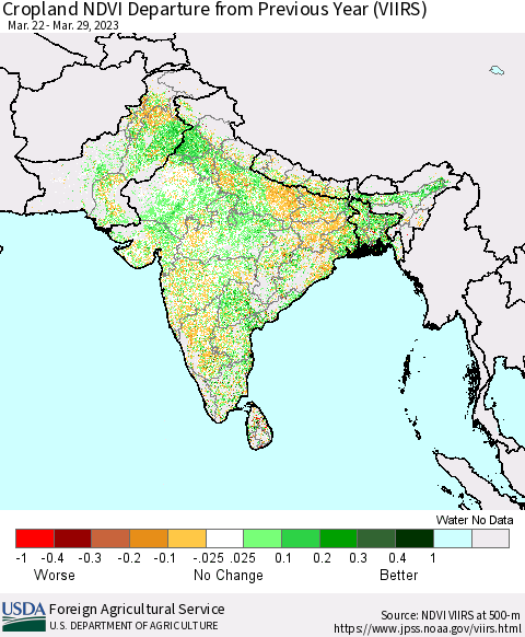 Southern Asia Cropland NDVI Departure from Previous Year (VIIRS) Thematic Map For 3/21/2023 - 3/31/2023