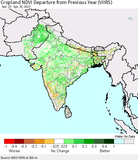 Southern Asia Cropland NDVI Departure from Previous Year (VIIRS) Thematic Map For 4/21/2023 - 4/30/2023