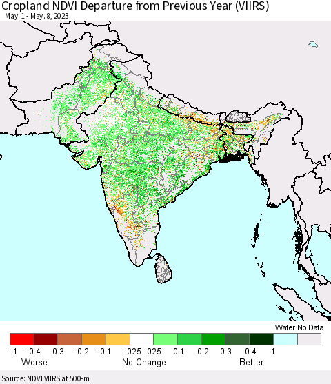 Southern Asia Cropland NDVI Departure from Previous Year (VIIRS) Thematic Map For 5/1/2023 - 5/8/2023