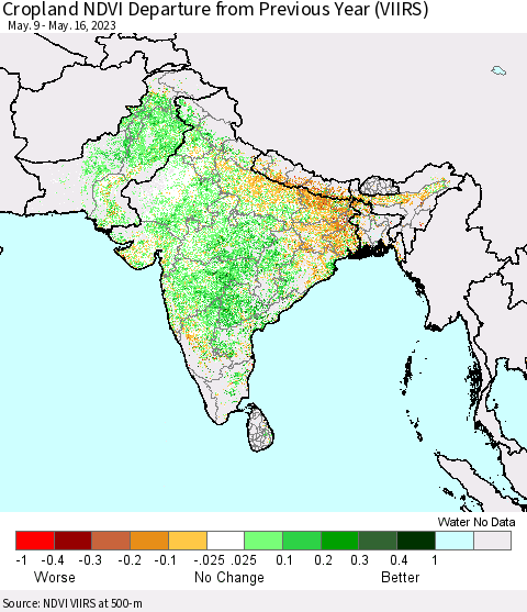 Southern Asia Cropland NDVI Departure from Previous Year (VIIRS) Thematic Map For 5/9/2023 - 5/16/2023