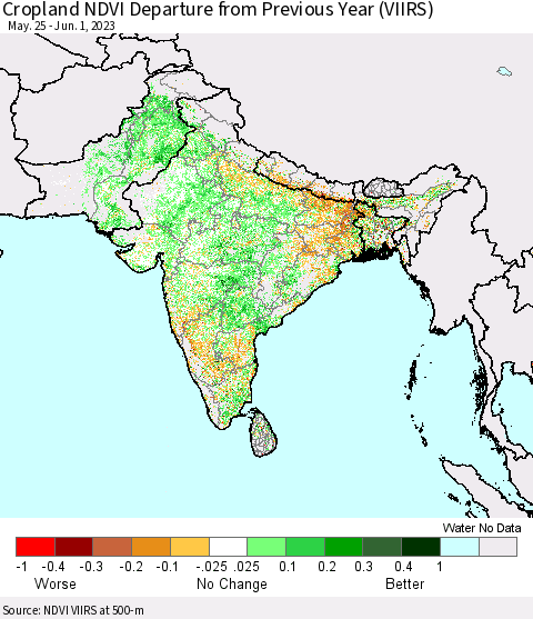 Southern Asia Cropland NDVI Departure from Previous Year (VIIRS) Thematic Map For 5/25/2023 - 6/1/2023