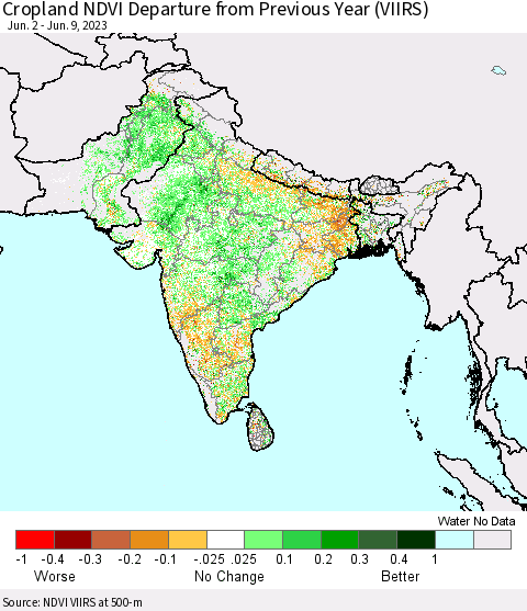 Southern Asia Cropland NDVI Departure from Previous Year (VIIRS) Thematic Map For 6/2/2023 - 6/9/2023