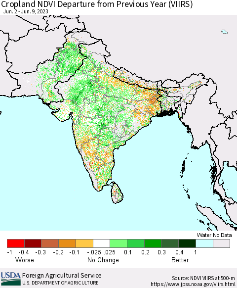 Southern Asia Cropland NDVI Departure from Previous Year (VIIRS) Thematic Map For 6/1/2023 - 6/10/2023