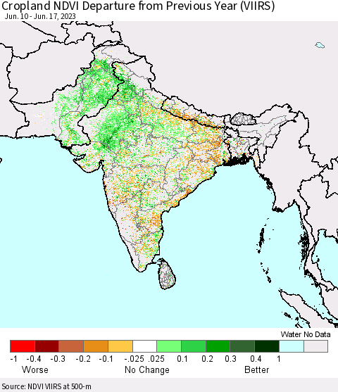 Southern Asia Cropland NDVI Departure from Previous Year (VIIRS) Thematic Map For 6/10/2023 - 6/17/2023