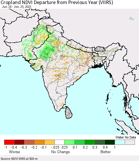 Southern Asia Cropland NDVI Departure from Previous Year (VIIRS) Thematic Map For 6/18/2023 - 6/25/2023
